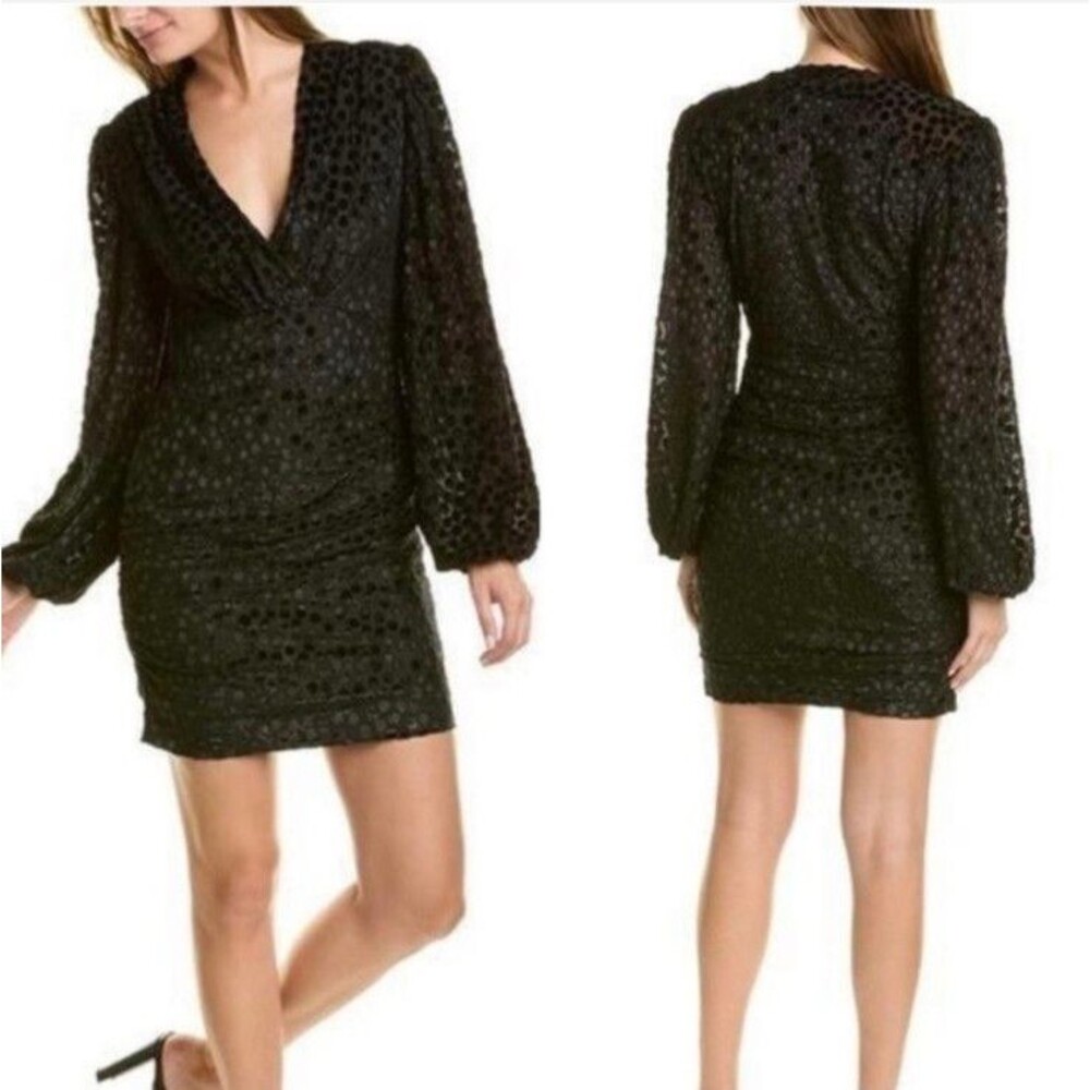 Maje Reine Dot-Pattern Sheath Dress Balloon Sleeve Mini Dress Black Sz 36/S